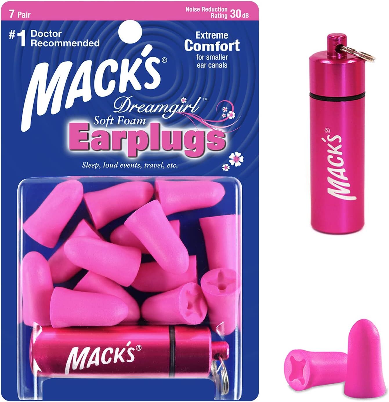 Mack?s Dreamgirl Soft Foam Earplugs, 7 Pair with Travel Case - Small Ear Plugs f