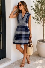 Tory Burch Carlsbad Embroidered Fringe Shift Dress Navy White Size 10