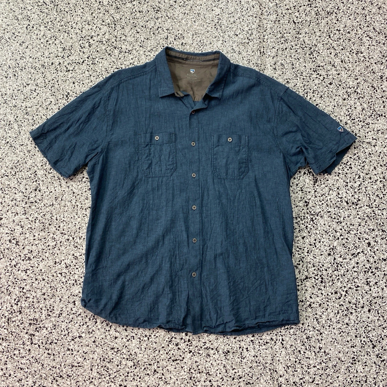 KUHL Mens 2XL Blue Linen Blend Short Sleeve Button Down Shirt Hiking Camp