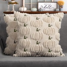 Fall Pumpkin Decorative Pillow Covers 18"x18" Set of 2, Beige Soft Plush Faux