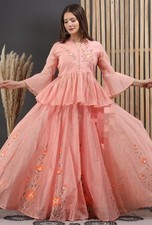 Peach Floral Embroidered Anarkali Kurta Set with Sheer Dupatta   Elegant Festive