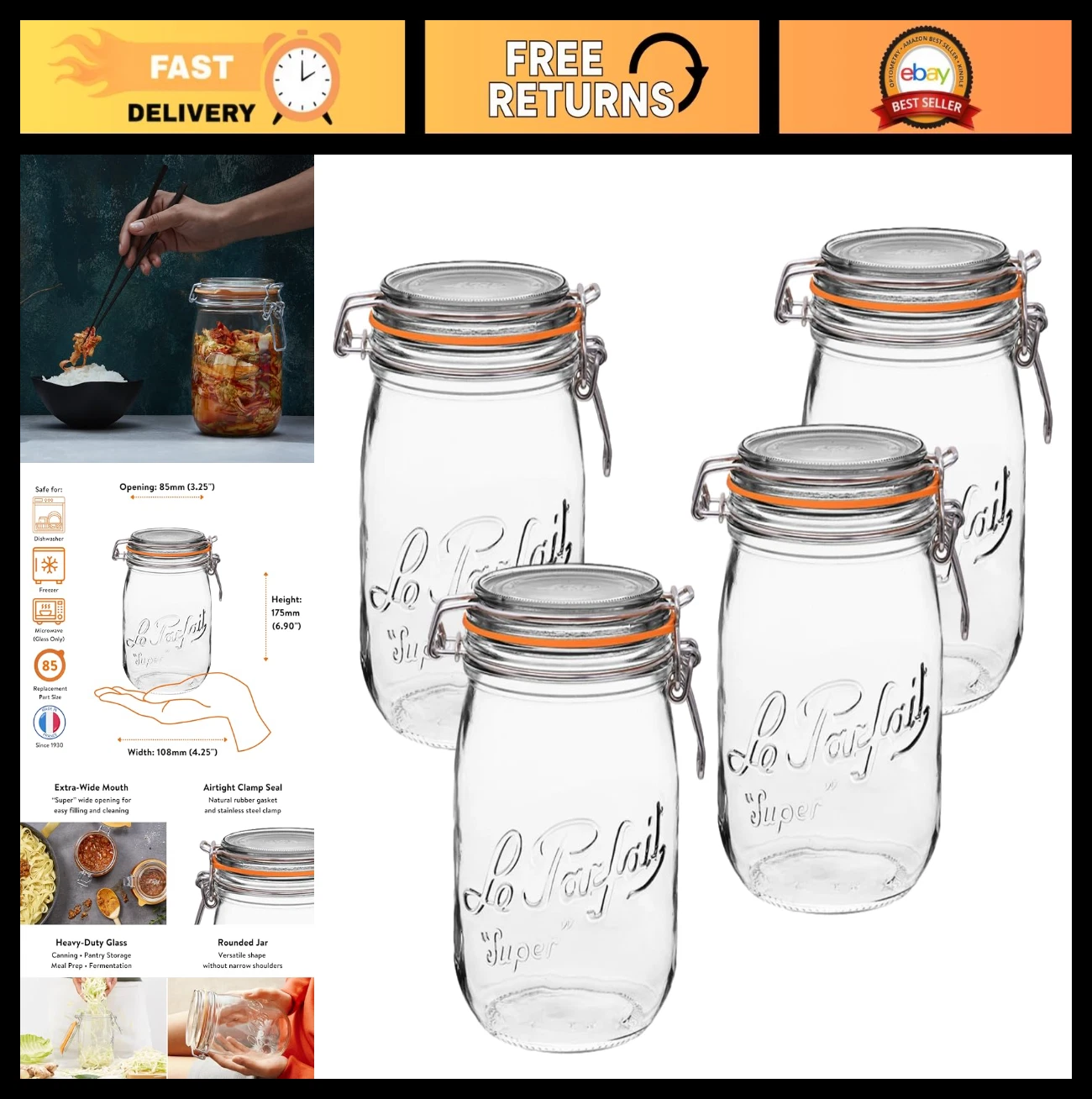 1L Glass Preserving Jars with Airtight Seal - BPA-Free Canning Jars for Pickles,