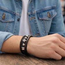 Black Leather Bracelet Braided Multi Strand Stainless Steel Cross Biyongde 8.5"