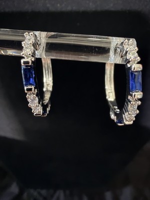 14k White Gold Hoop Earrings with Blue/White lab Sapphire Stones.
