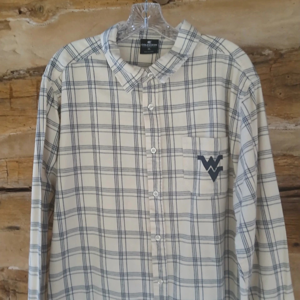 Colosseum Men's University of WV Flannel Shirt Cotton Ivory Blue Plaid XL - Image 2 of 4