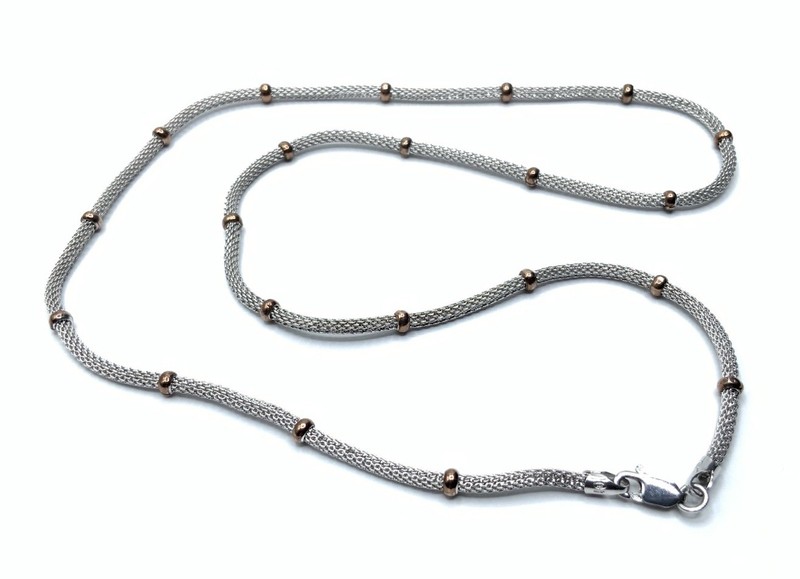 Milor Italy Sterling Silver 2 Tone Rhodium Plated Mesh Chain Stations Necklace