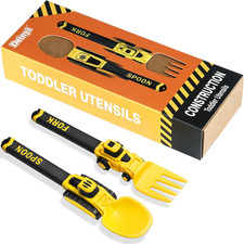 Construction Toddler Utensils - Reusable Plastic Toddler Fork and Spoon  Storag