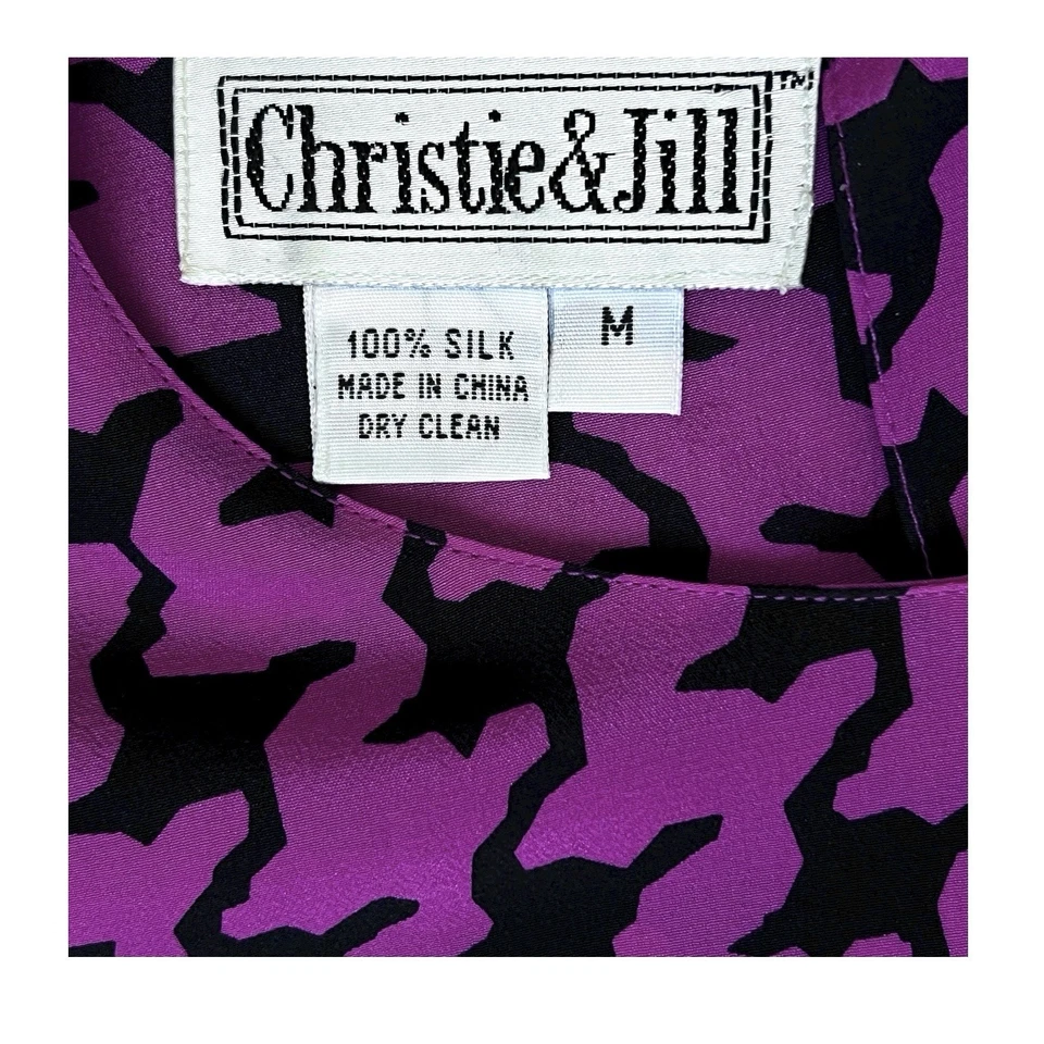 Blusa de seda Christie And Jill talla mediana púrpura negra manga corta top vintage Foto 3 de 4