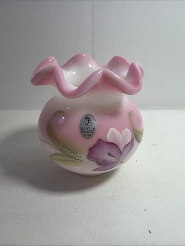 Vintage Fenton Rosaline Rose Bowl Hand Painted S. Hopkins Ruffled Edge Label