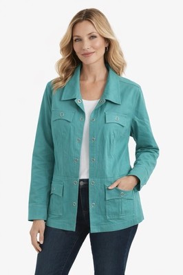 Dialogue Stretch Cotton Blend Blue Green Snap Front Jacket 20W Corporate Core