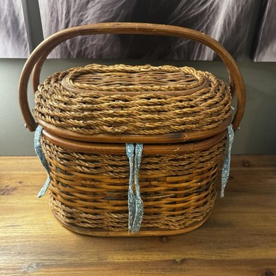 Woven Bamboo Rope Sewing Picnic Basket Oval Sewing Box Flip Lid with Back Hinge