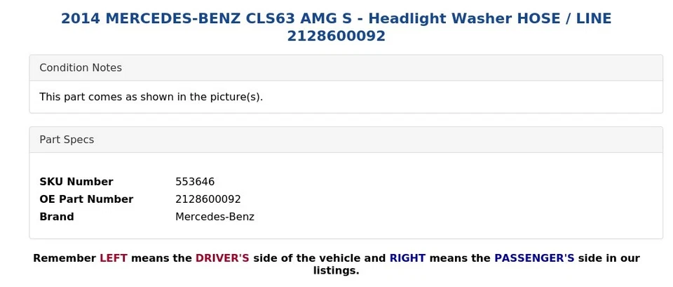 2014 MERCEDES-BENZ CLS63 AMG S - Headlight Washer HOSE / LINE 2128600092 - Image 4 of 4