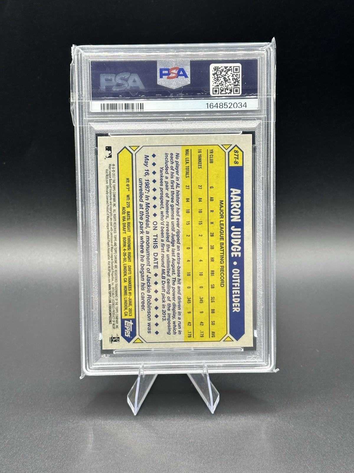 2017 Topps Chrome 1987 Design Aaron Judge #87T-8 (RC) PSA 9 view 2
