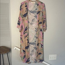 Saltwater Luxe Abstract Leaf Kimono Duster Floral Pink Tan Luxury Spa Poolside