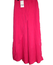 ZARA size L Fuchsia Pink Crinkle Satin High Rise Wrap Palazzo Wide Leg Pants NEW