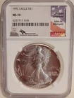 1992 $1 NGC MS 70 American Silver Eagle Rare Uncirculated Mercanti Signed 1 oz.