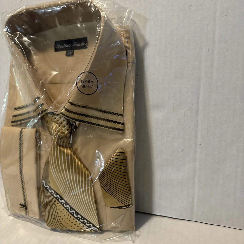 Camisa de vestir para hombre Fortino Landi puño francés con corbata y pañuelo beige/marrón Foto 3 de 4