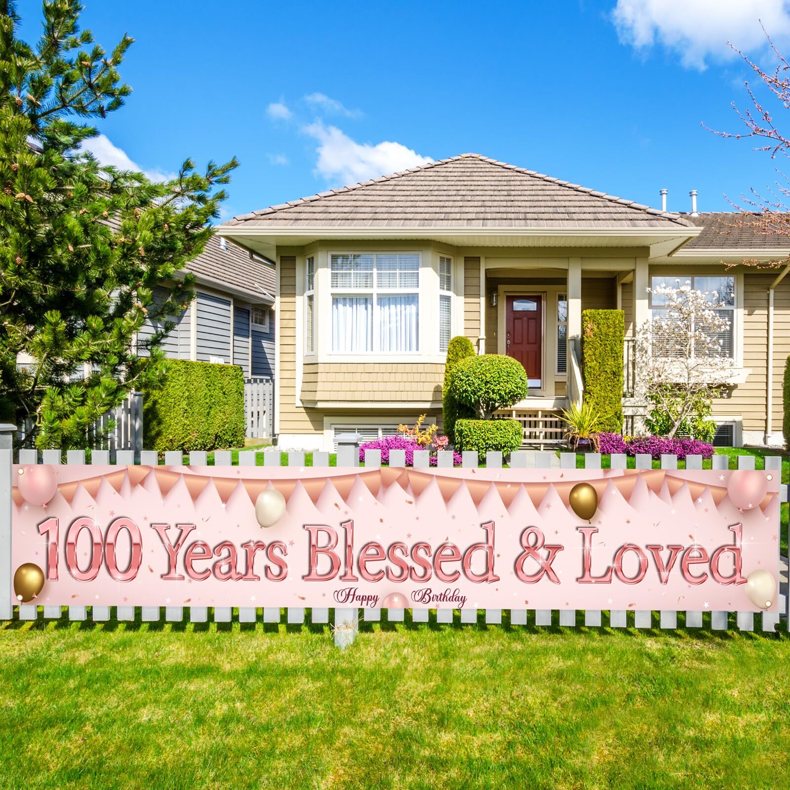 Labakita Large Happy 100th Birthday Banner Blessed & Loved Celebration Decor