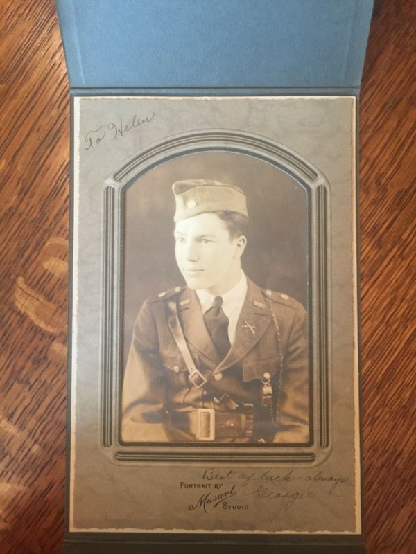 Photo of army ROTC cadet inscribed to Helen from Georgie infantry in stand frame
