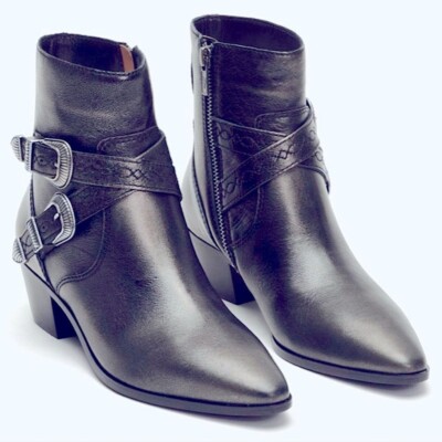 Frye Ellen Double Buckle Leather Ankle Short Boot Bootie Pewter 10