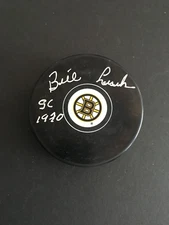 BILL LESUK AUTOGRAPHED BRUINS PUCK  "70 SCC"   INSC.   J.S.A. AUTHENTICATED