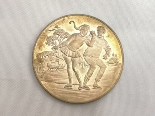 Franklin Mint Srebro Sterling Proof Święta Boże Narodzenie Medal Jazda na łyżwach - Zdjęcie 1 z 9