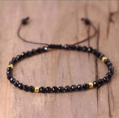 Natural 4mm Black Obsidian Stone Beaded Braided Bracelet for Protection Luck