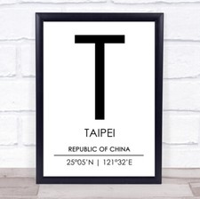Taipei Republic Of China Coordinates World City Travel Quote Wall Art Print