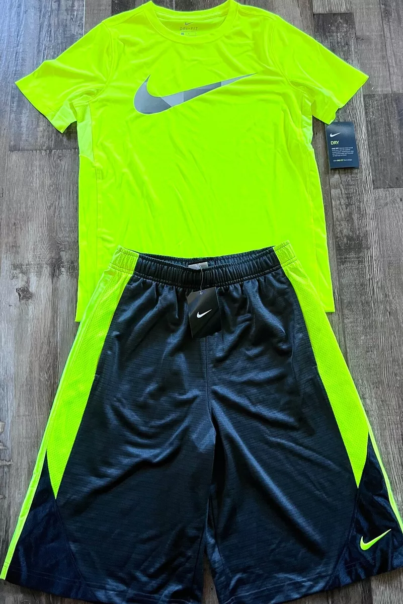 NWT Nike Boys YLG Neon Yellow/Gray/Black Dri-Fit Shorts Set Large