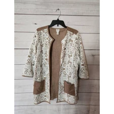 Chicos Womens Open Front Jacket Beige Floral Pockets Lace M/2