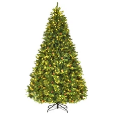 8Ft Pre-Lit Artificial Christmas Tree Hinged with 600 LED Lights & Pine Cones