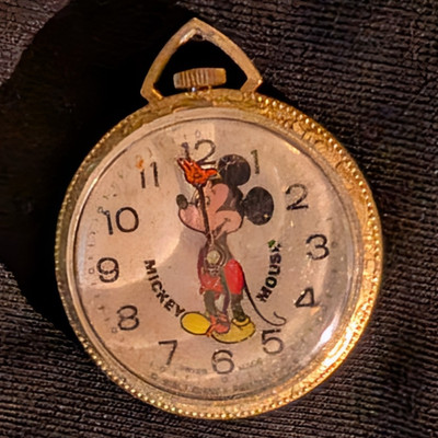 Disney Mickey Mouse Open Face Mechanical Pocket Watch Gold Tone White Dial