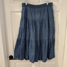 Tiered Denim Skirt Womens Sz 34  Small Pull On Prairie Cottagecore Western
