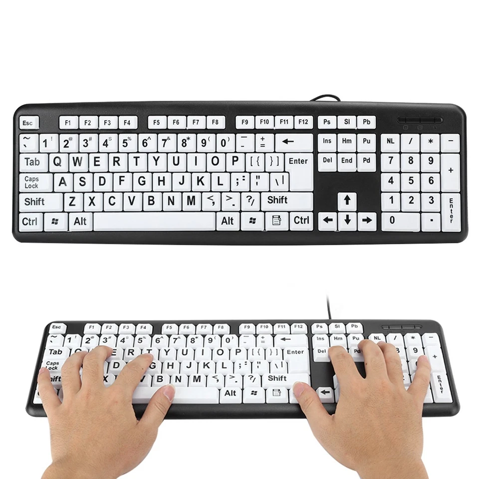 Black Low Keyboard USB Wired Old People Keyboard With White Large Print - Image 4 of 4