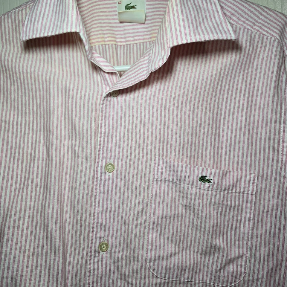 Hombre Lacoste Oxford Rosa Blanco Vestido Camisa Talla 40 100% Algodón Usado Foto 2 de 4