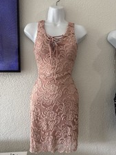 Blush Pink Lace Bodycon Dress Sleeveless Floral Lace-Up Scoop Neck Short Party
