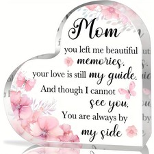 Mom Memorial Heart Shaped Acrylic Plaque Mothers Day Butterfly Floral Gift Decor
