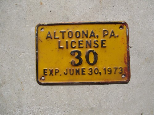 Pennsylvania Altoona 1972 / 73 motorcycle size license plate #  30