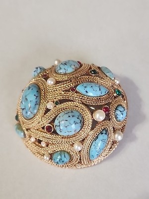 VTG Sphinx Style Domed Brooch Faux Turquoise Pearl Red Crystal Gold Tone 1960s