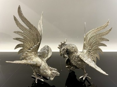 Vintage massiv silberfarbenes Metall - Paar Kampfhähne Figuren