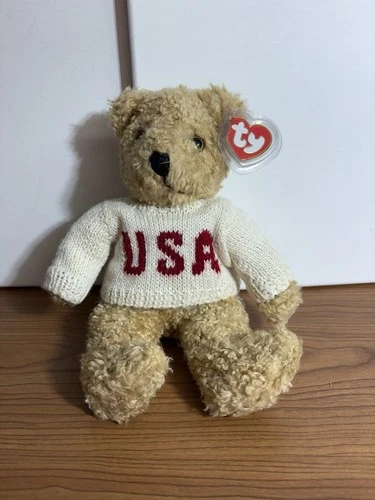 Vintage 1992 Ty Baby Curly Tan  Bear with White Sweater USA Stuffed Plush W/ Tag