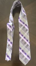 NeckTie George Men's Purple Gray Silver Plaid Silk Pointed Woven Logo