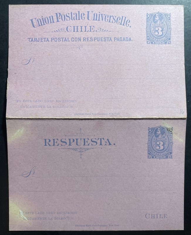 Mint Chile Postal stationery Reply Postcard Three Cents