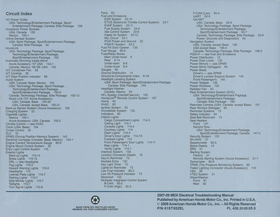 Acura MDX Elettrico IN Manuale 2009 2008 2007 OEM Diagramma Cablaggi - Immagine 2 di 2