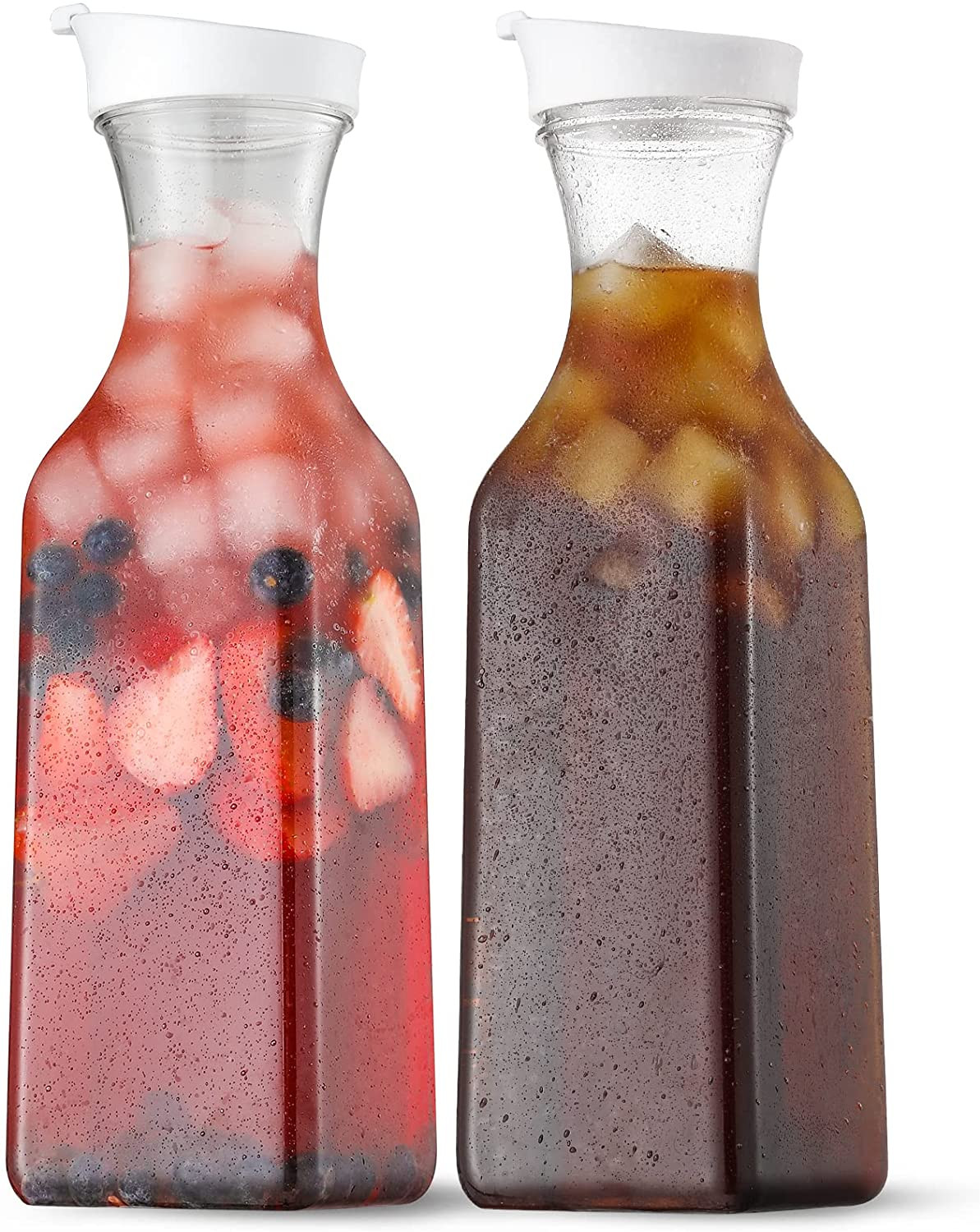NETANY Plastic 50 Oz Water Carafe with Flip Top Lid, Set of 2 Square Base Juice 