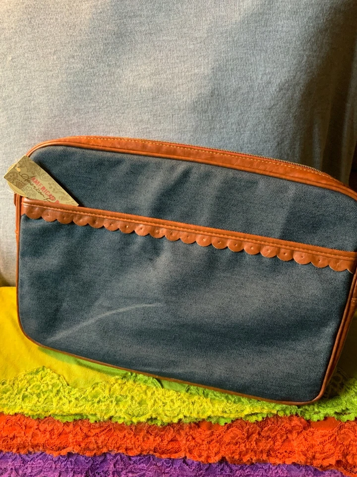 American Rag Denim Azul Lona Marrón Borde Cremallera Notebook Laptop Tech Estuche Bolso Foto 2 de 4