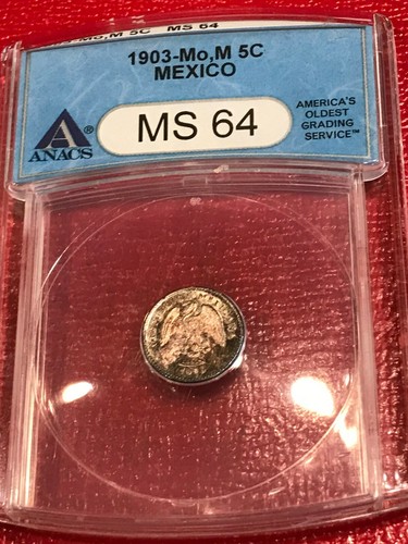 DUAL TONER!! ANACS MS 64 1903 MoM MEXICAN MEXICO SILVER 5 CENTAVOS COIN-NOV003