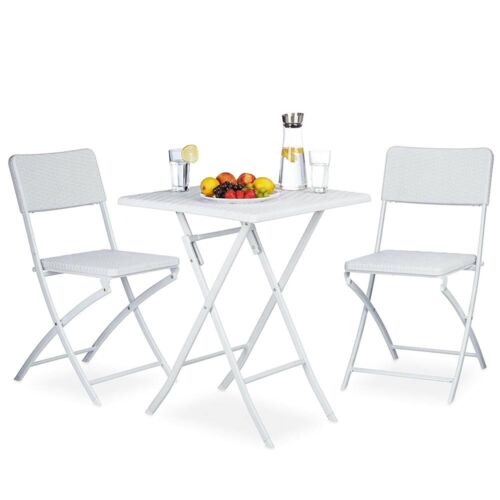 Ensemble table + 2 chaises pliantes salon de jardin extérieur en polyrotin blanc - Photo 1/3