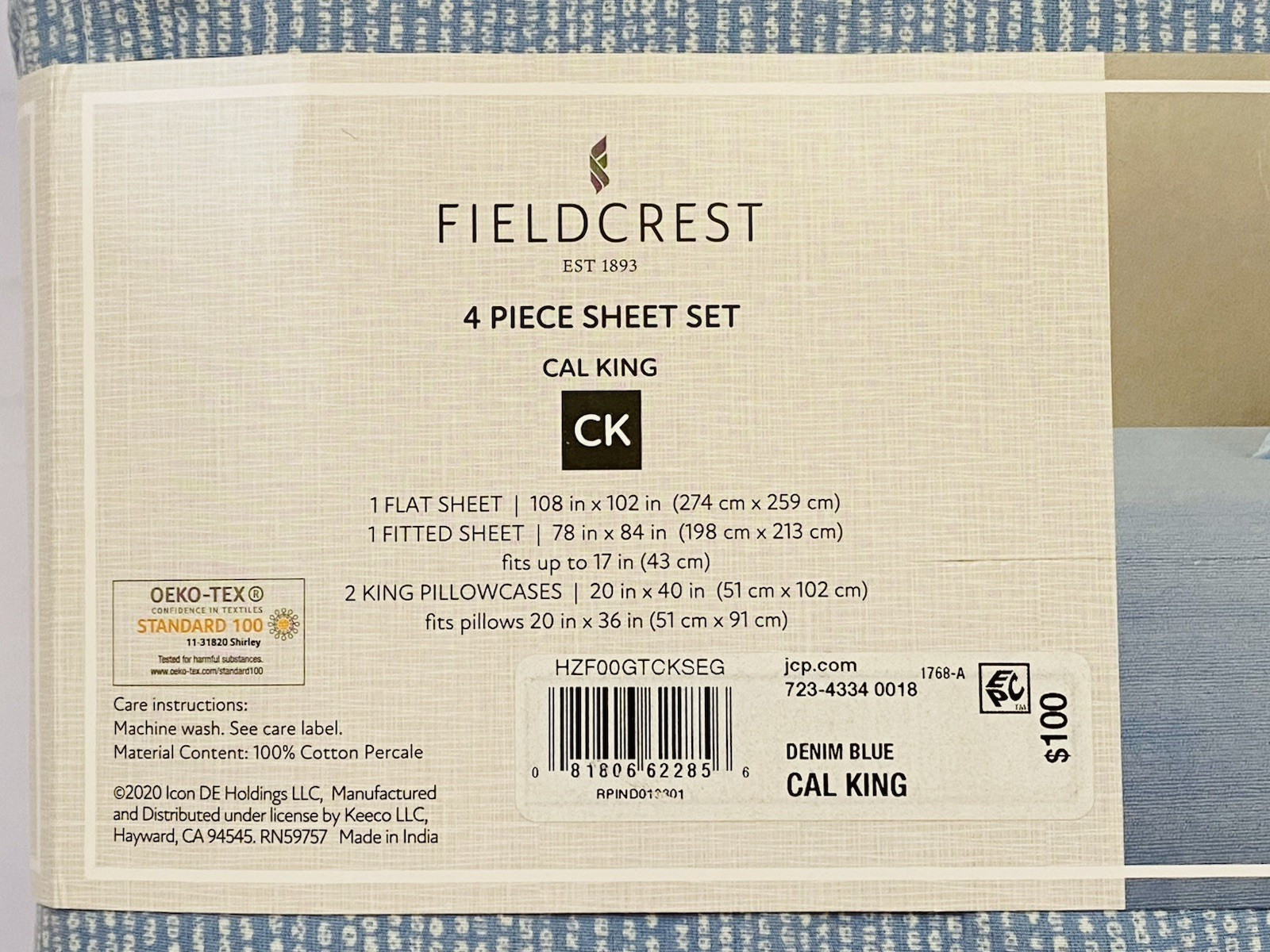 FIELDCREST CAL KING Sheet Set COTTON Percale 300TC Deep Fitted Blue White Stripe