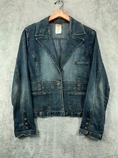 Vintage LEE 1889 Denim Jackets Jean Blazer Womens Large Trucker Blue Distressed